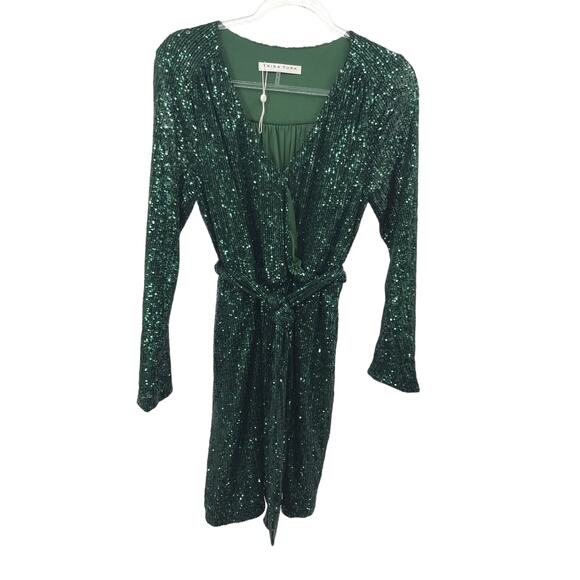 Trina Turk Brighten Emerald Green Sequins Belted V-Neck Party Dress Size 6